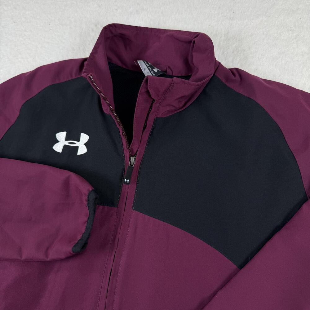 Under Armour Jacket Boys Size 16 Red Black Colorblock Full Zip Windbreaker